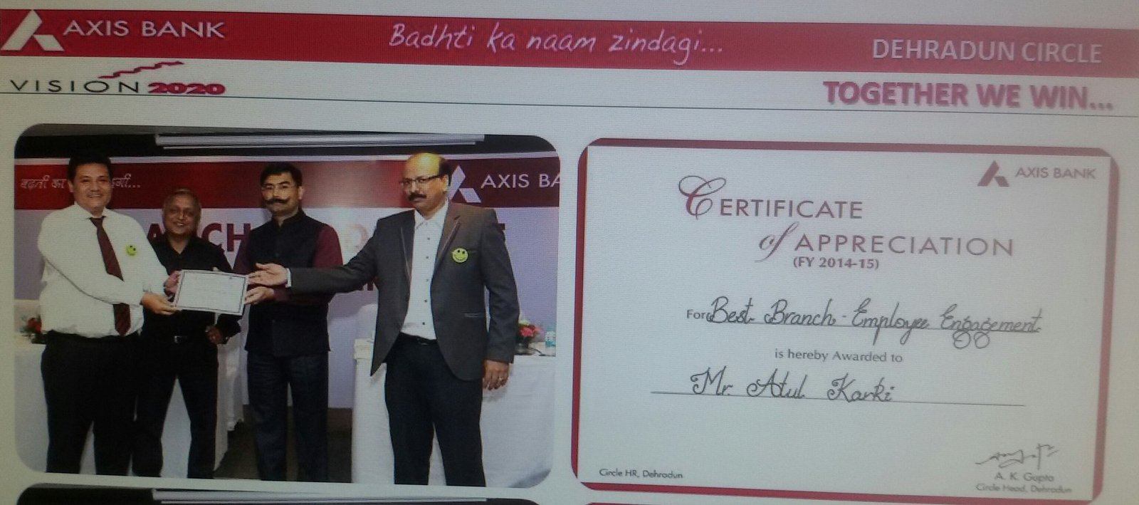 Certificate of Appreciation, FY 2014-15, signed by the Circle Head, Dehradun